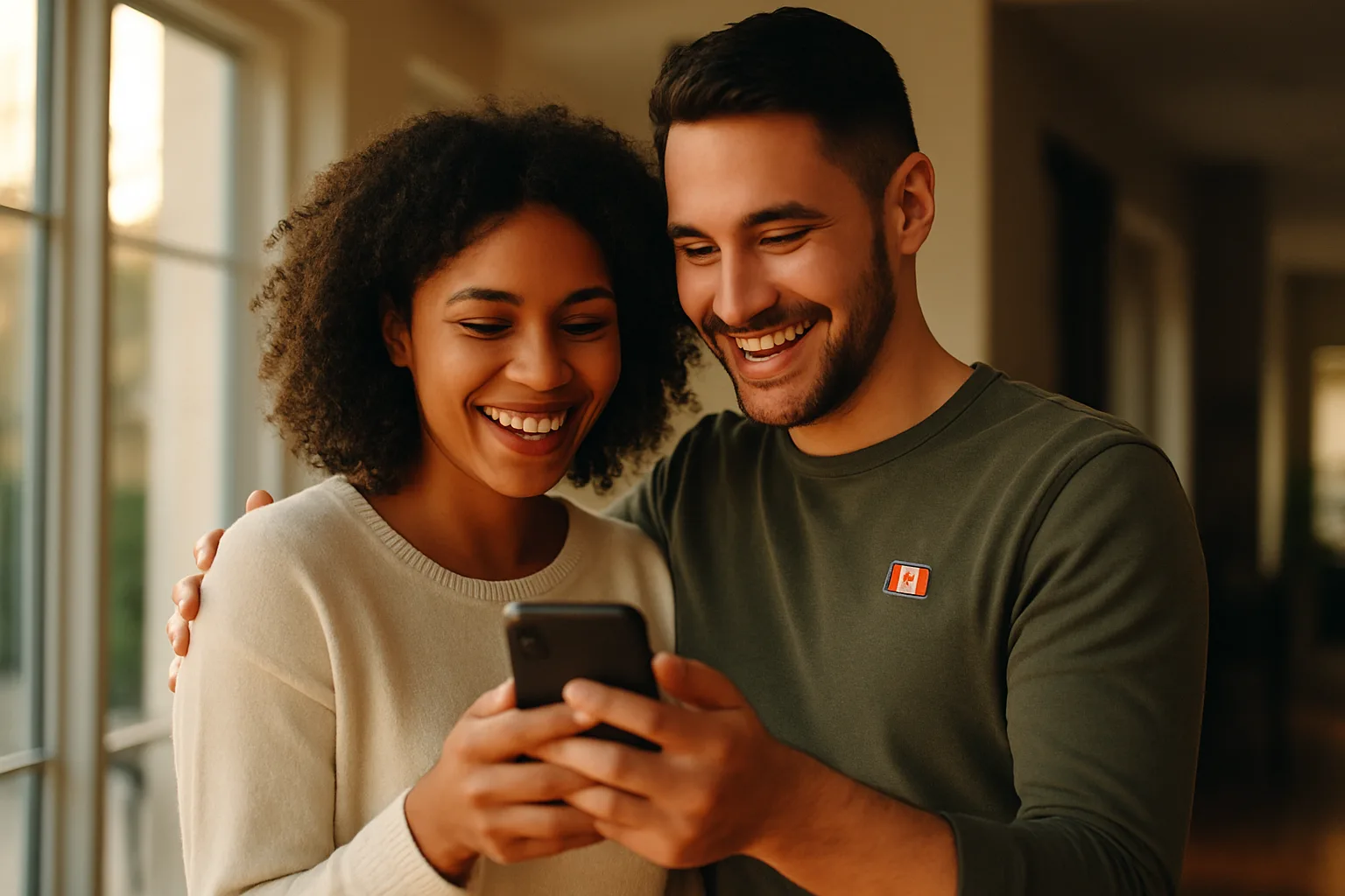 A happy Canadian couple celebrating good news on their phone