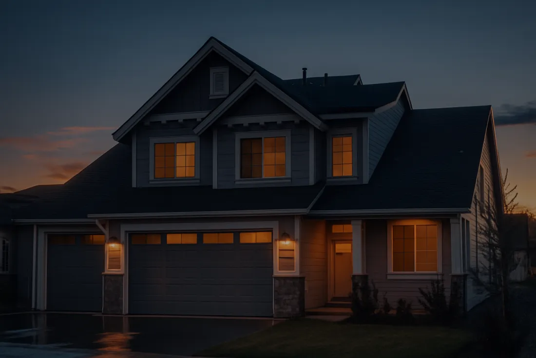 A modern Canadian home at dusk with warm lights glowing in the windows